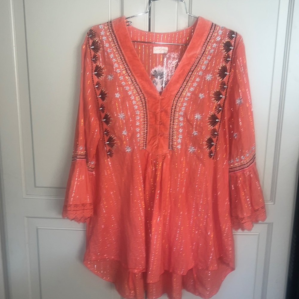 Lulasoul small Mylee tunic cayenne coral with silver and gold threading nwt